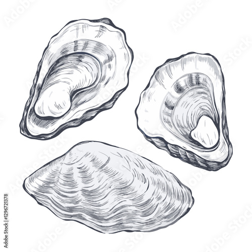 Hand-drawn sketch illustration of a oyster shell in vintage etching style. Detailed line art with textured shading, perfect for menus, packaging, and sea food designs