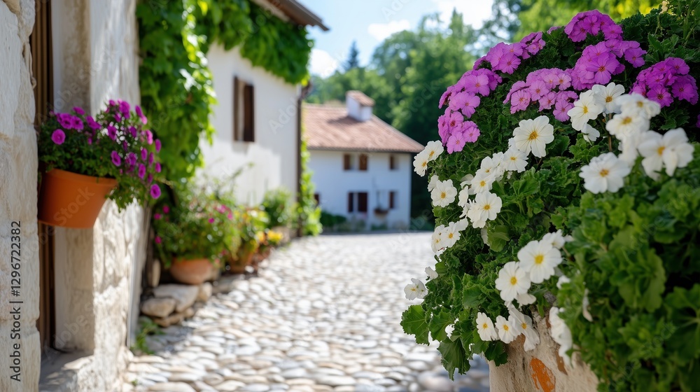 Fototapeta premium Charming Village Scene with Colorful Flowers