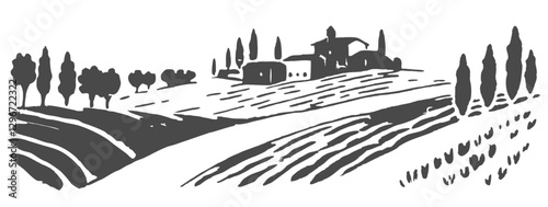 Hand-drawn sketch illustration of a Tuscany landscape, featuring rolling hills, agricultural fields, and rustic charm. Perfect for travel, farm, and countryside-themed designs.