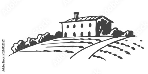 Hand-drawn sketch illustration of a Tuscany landscape, featuring rolling hills, agricultural fields, and rustic charm. Perfect for travel, farm, and countryside-themed designs.