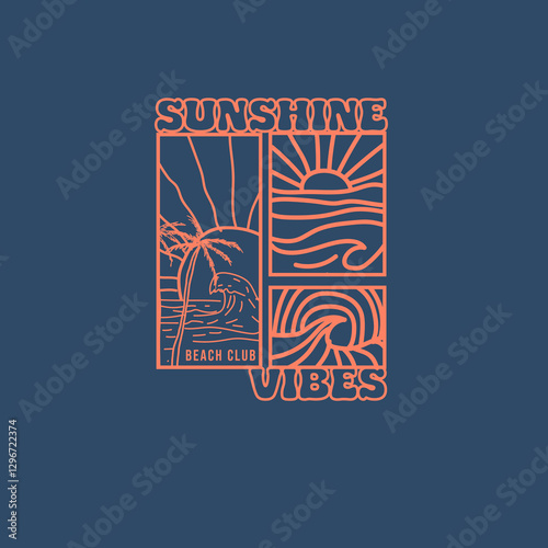 Sunshine vibes beach club hand drawn minimal vector illustration