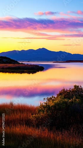 Vibrant Sunset Over Calm Water with Mountain Reflection in Tranquil Landscape