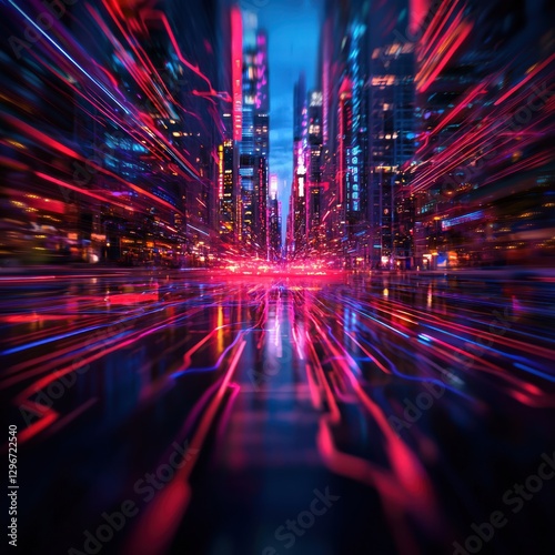 Vibrant Night Cityscape with Abstract Light Trails and Colorful Neon Illumination
