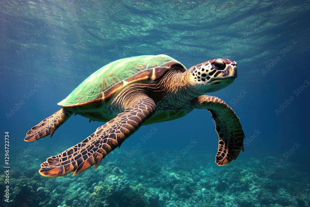 Obraz premium Graceful sea turtle glides through crystal-clear waters, showcas