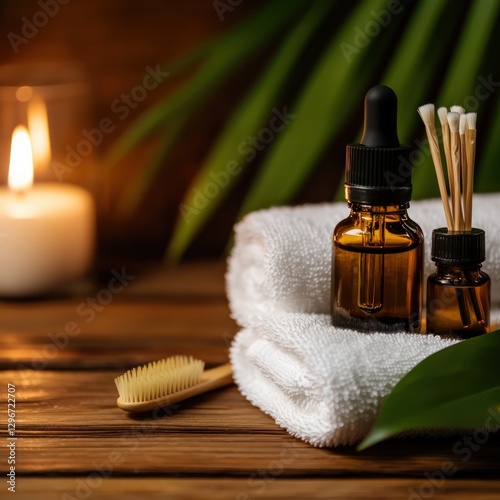 Wellness Spa Setting with Essential Oils and Candle on Wooden Surface Surrounded by Greenery