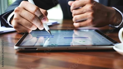 Close-up of a digital tablet on a desk , showing the signing of a real estate contract with a stylus. The interface includes checklist for the steps completed in the process of buying a property.