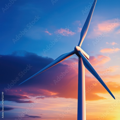 Wind Turbine Silhouetted Against a Dramatic Sunset Sky with Colorful Clouds