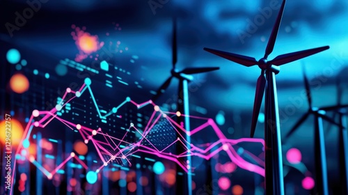Wind Turbines and Data Analytics Visualization in a Dynamic Sky Environment at Dawn