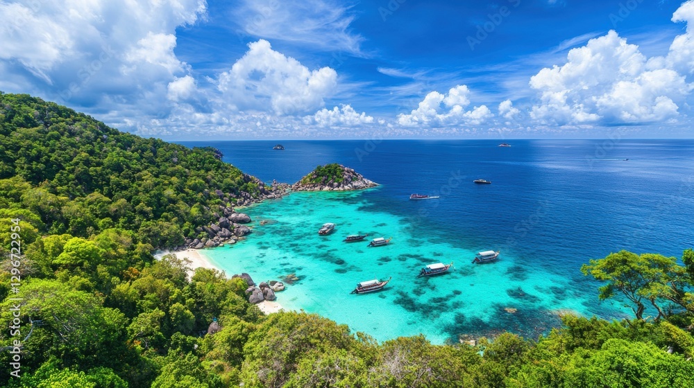 Fototapeta premium Tropical seascape of Similan Islands, with vibrant coral reefs beneath the surface.