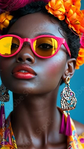 Fashion model with vibrant accessories, colorful background