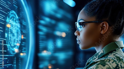 Female Soldier Engaging With Holographic Display