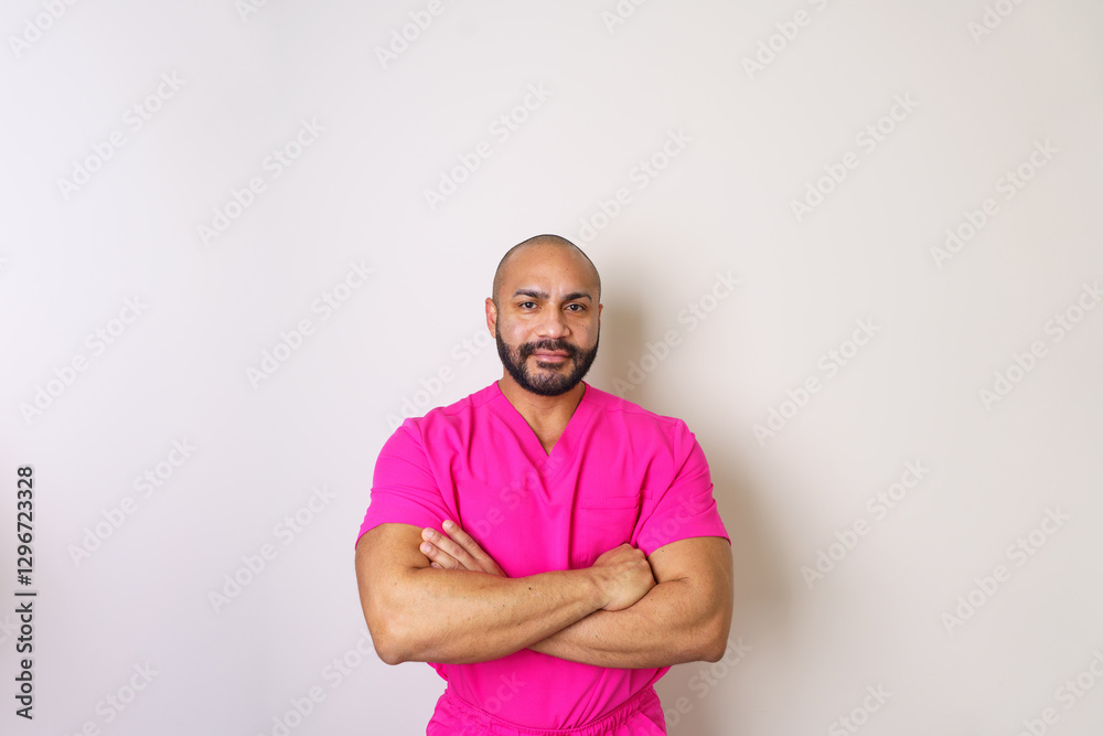 Fototapeta premium Beautician wearing pink uniform crossing his arms, showing confidence and professionalism