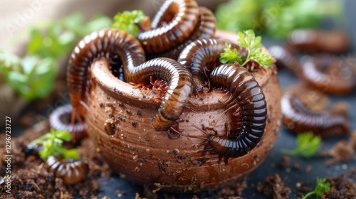 Close-up of Millipedes in a Rustic Pot with Green Foliage