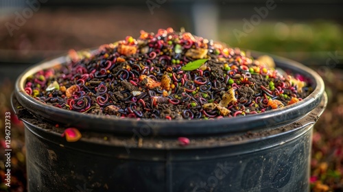 Vibrant Heap of Colorful Organic Fertilizer in Black Container