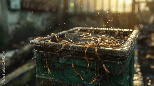 Unusual Close-up of Worms Crawling on a Green Trash Bin