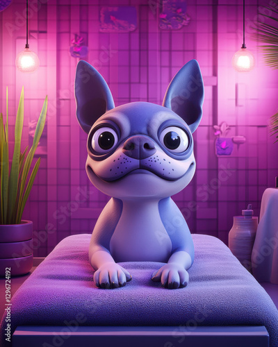 Cute Cartoon Dog Receiving a Spa Treatment in a Colorful, Relaxing Environment With Ambient Lighting
