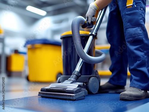 Worker vacuuming industrial floor