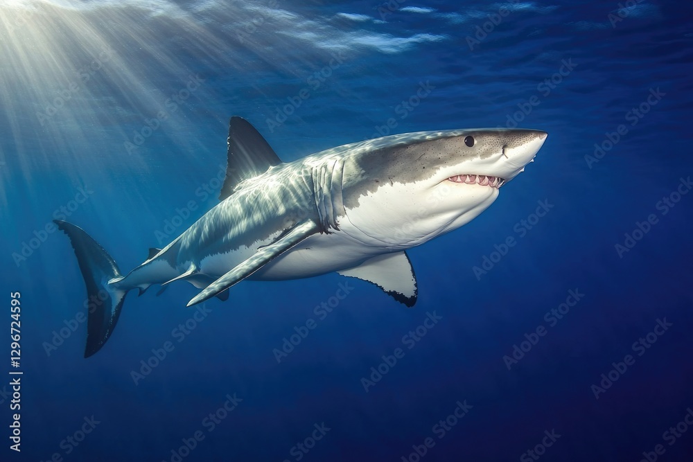 Majestic shark gliding through clear ocean waters, illuminated b Majestic shark gliding through clear ocean waters, illuminated b