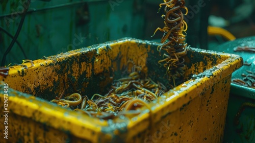 Freshly Caught Eels in Yellow Container at Seafood Market