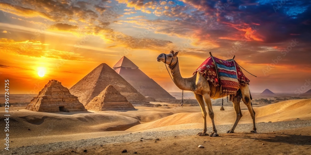 Fototapeta premium Panoramic View: Camel Tied Before Majestic Pyramids at Sunset