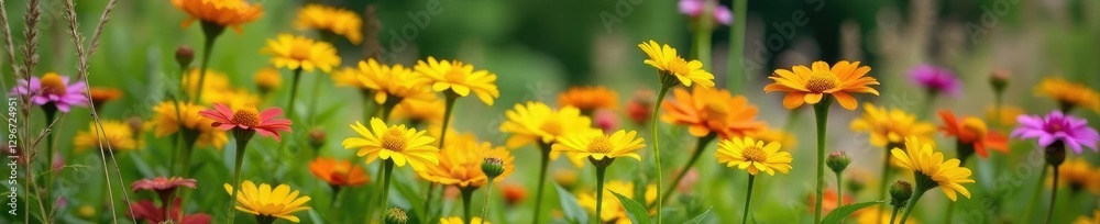 Yellow zinnias and cosmos in a colorful mix amidst a garden of tall grasses and wildflowers, garden, flowers Yellow zinnias and cosmos in a colorful mix amidst a garden of tall grasses and wildflowers, garden, flowers