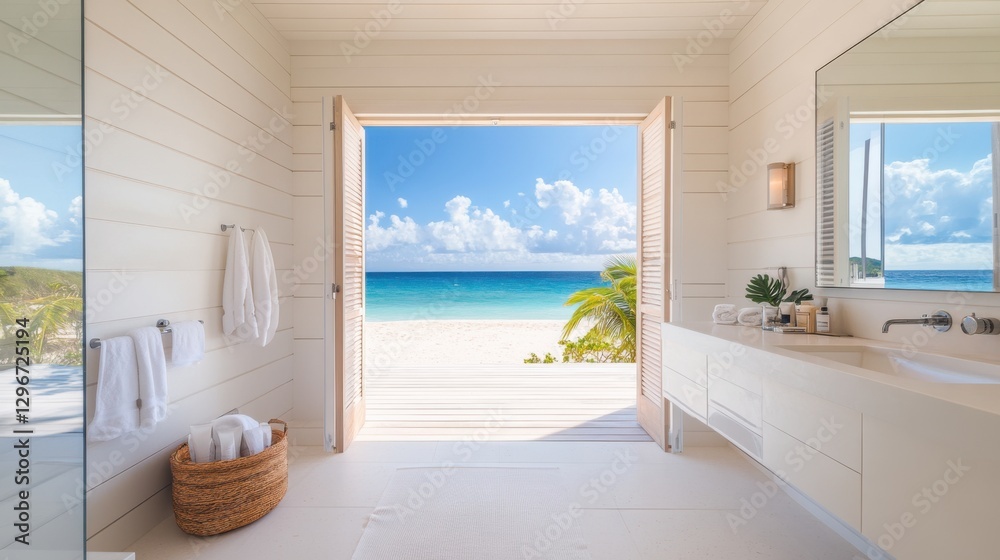 Fototapeta premium A serene bathroom with a floating vanity, white walls,