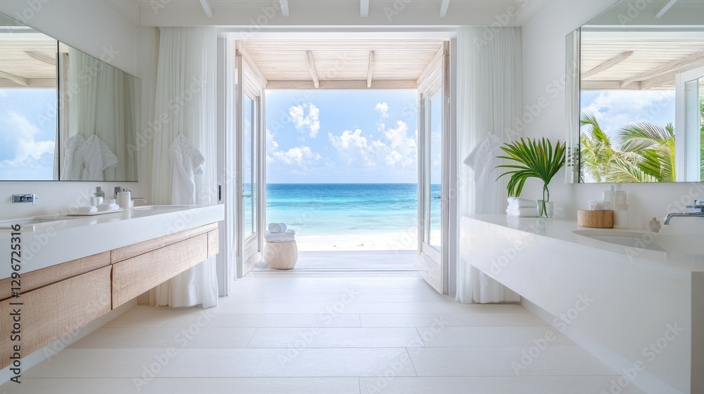 Fototapeta premium A serene bathroom with a floating vanity, white walls,