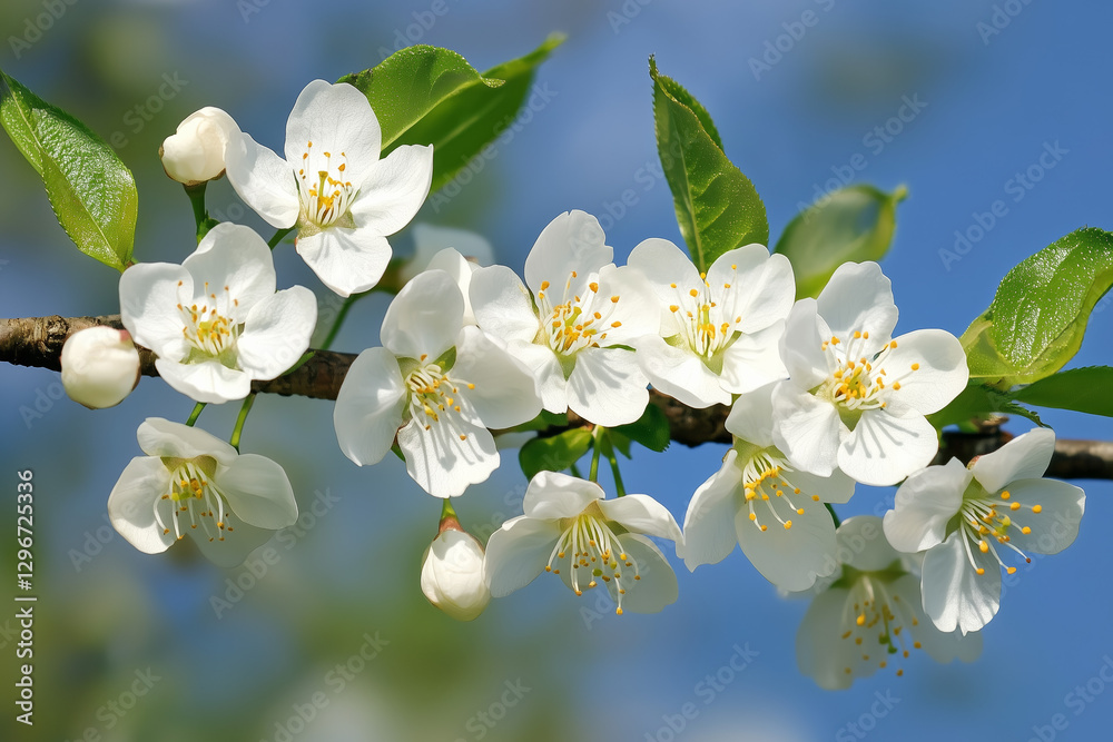 Obraz premium Blooming cherry blossom on tree branches, spring season concept close up detail background.