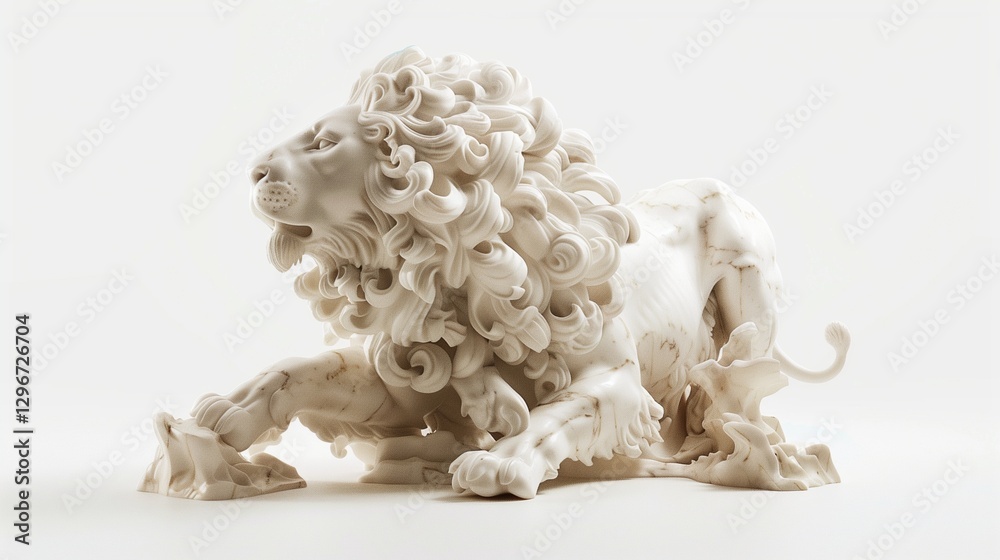 A marble lion figurine with a majestic stance and detailed mane, displayed against a pure white background. The high-resolution image captures the stone texture and powerful presence. A marble lion figurine with a majestic stance and detailed mane, displayed against a pure white background. The high-resolution image captures the stone texture and powerful presence.