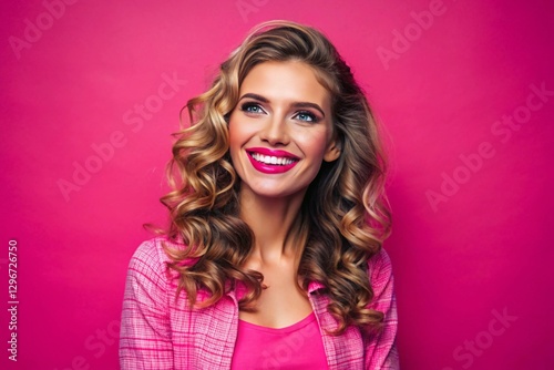 A charming young woman in a stylish outfit smiles happily against a bright pink background