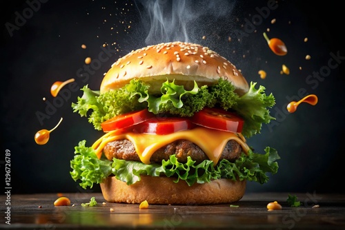 A juicy burger in flight - the ingredients are separated in the air: a fluffy bun, a juicy cutlet, melted cheese, crispy lettuce, tomato slices, sauce drops. Black background, dynamic lighting