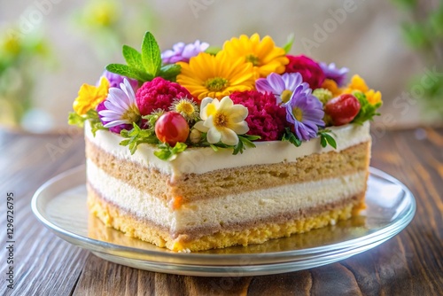 a delicious piece of cake decorated with fresh flowers on a transparent background