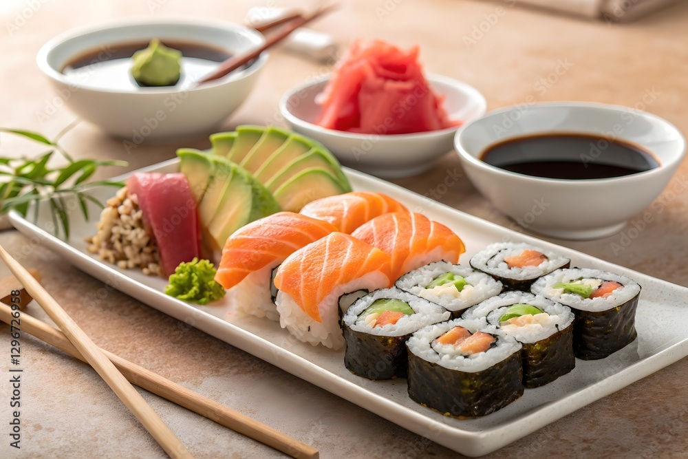 A close-up, appetizing image of assorted sushi and rolls arranged on a rectangular plate, with small bowls of soy sauce and wasabi, and chopsticks, on a textured, light brown background A close-up, appetizing image of assorted sushi and rolls arranged on a rectangular plate, with small bowls of soy sauce and wasabi, and chopsticks, on a textured, light brown background