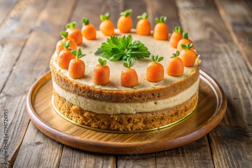carrot cake on a golden cake board, decorated with small carrots
