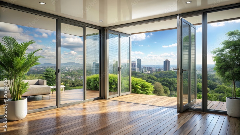 Fototapeta premium Modern Aluminum Folding Door Leads to Nature Terrance with City View, interior design