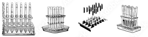 Hand drawn vector illustration of laboratory test tubes arranged in different holders for scientific experiments and research