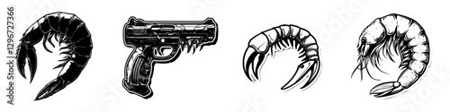 Hand drawn vector illustration featuring a pistol and various shrimp designs in a unique artistic style
