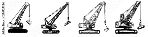 Hand drawn vector illustration of construction cranes in various positions at a job site