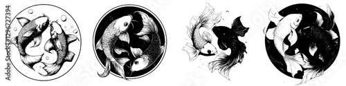 Hand-drawn vector sketch illustrating colorful koi fish swimming gracefully in circles in a tranquil water setting