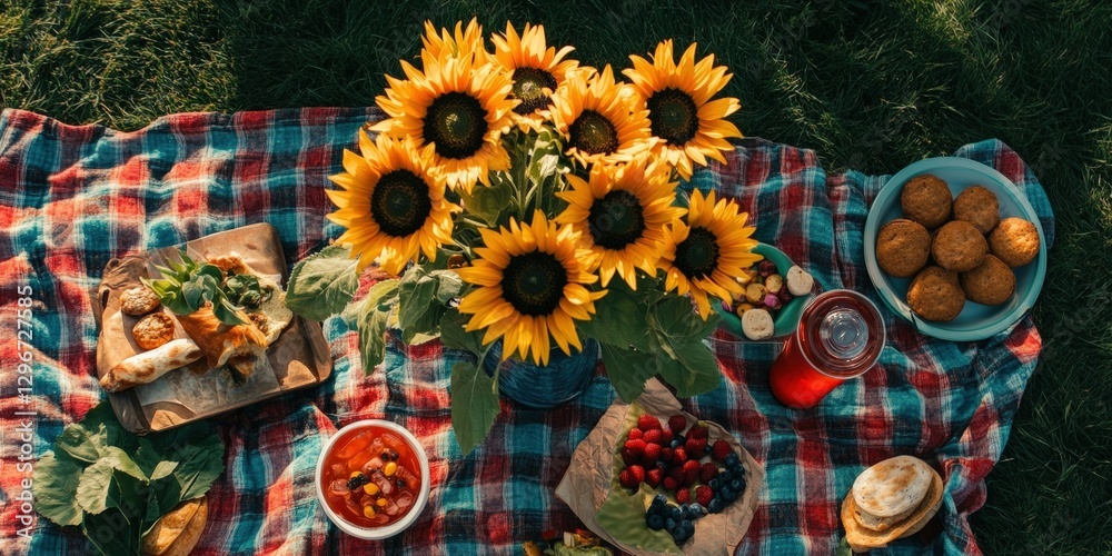 Fototapeta premium A cheerful flat lay of a vase filled with sunflowers, set on a picnic blanket with snacks and drinks