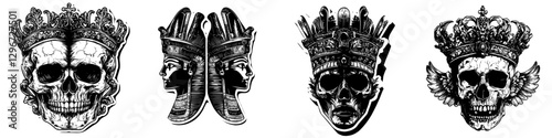 Hand-drawn vector illustration featuring skull designs with crowns and tribal elements for graphic art enthusiasts