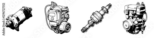 Hand-drawn vector illustration of various mechanical components in a technical design style