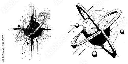 Hand drawn vector illustration depicting stylized planets and celestial bodies with rings and orbits in abstract design