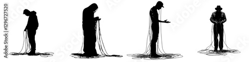 Hand-drawn vector illustration of four figures entangled in cords showing struggles with technology in a thoughtful setting