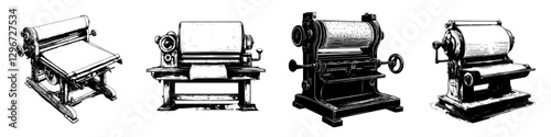Hand drawn vector illustration of vintage printing presses showcasing craftsmanship and design throughout history