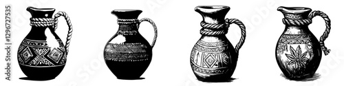 Hand-drawn vector illustration of decorative pottery jugs showcasing intricate designs and craftsmanship