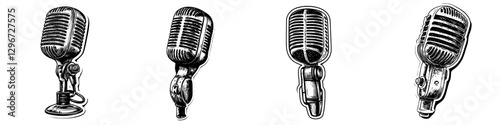 Hand drawn vector illustration of vintage microphones showcasing various designs and styles in a creative sketch style