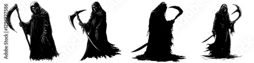 Grim reaper character sketches showcasing different poses and movements in a hand-drawn vector style