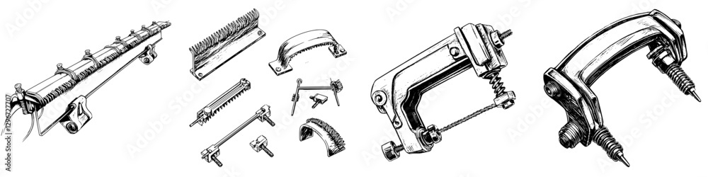 Hand drawn vector sketch of various tools and components for mechanical work including brushes, clamps, and screws Hand drawn vector sketch of various tools and components for mechanical work including brushes, clamps, and screws