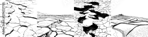 Hand drawn vector illustration capturing cracked earth landscape with distinct patterns and textures in various states of dryness